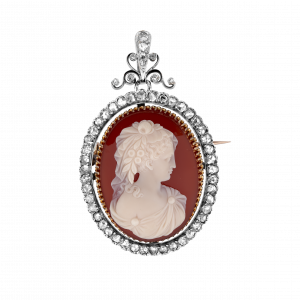 Pendentif broche camée dur roses de diamants vers 1860