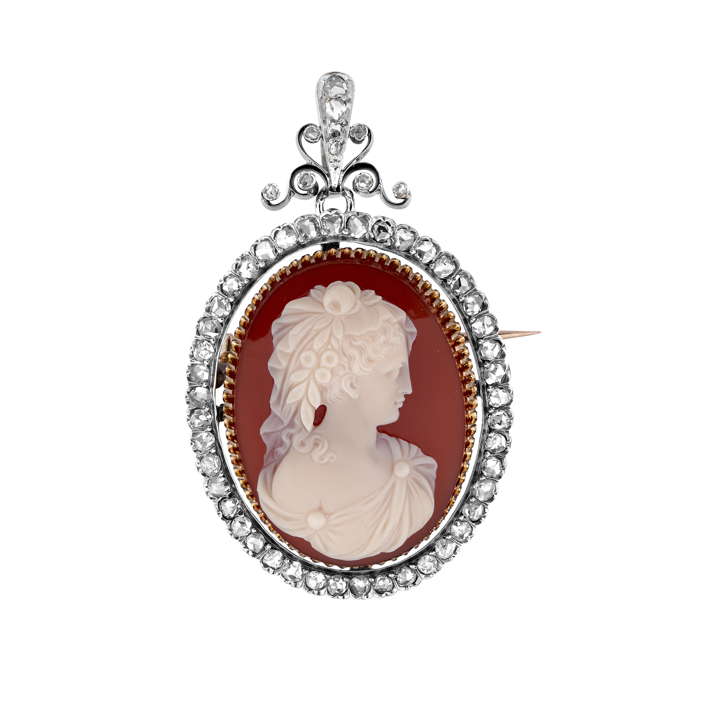 Pendentif broche camée dur roses de diamants vers 1860 Gerphagnon