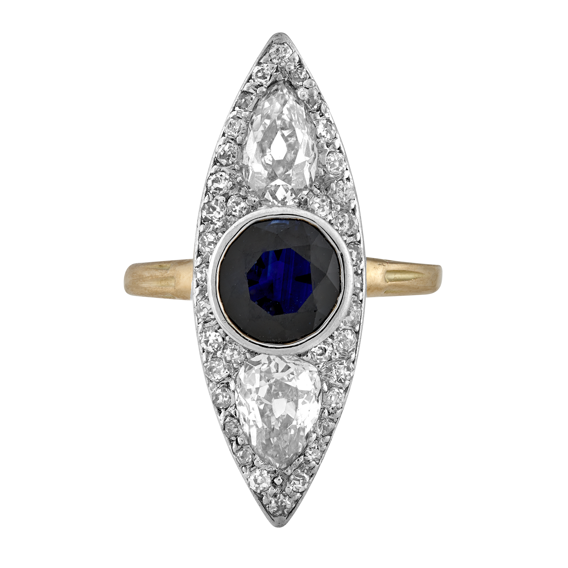 Bague marquise saphir et diamants poires fin XIXe Gerphagnon